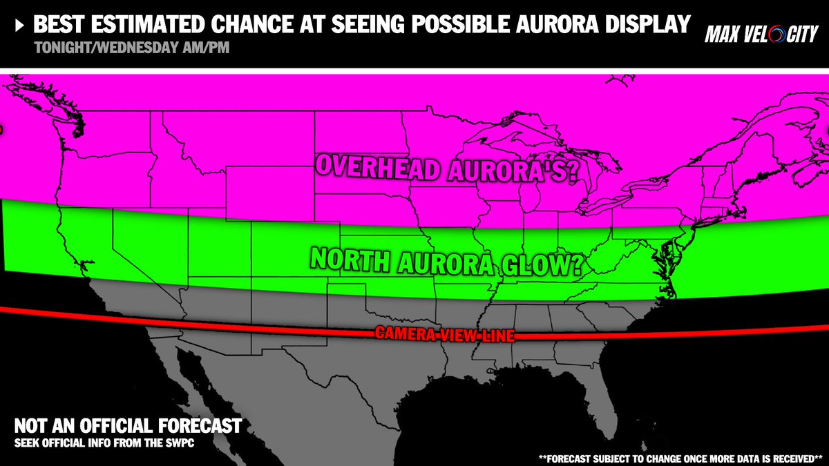 MaxVelocityWX's tweet image. SEVERE GEOMAGNETIC STORM IS POSSIBLE TONIGHT AND TOMORROW NIGHT!

Tomorrow night has the potential to be a big show, tonight will be the appetizer. Northern lights tonight will likely not be visible much further south than Kentucky, but tomorrow, northern lights could be visible…