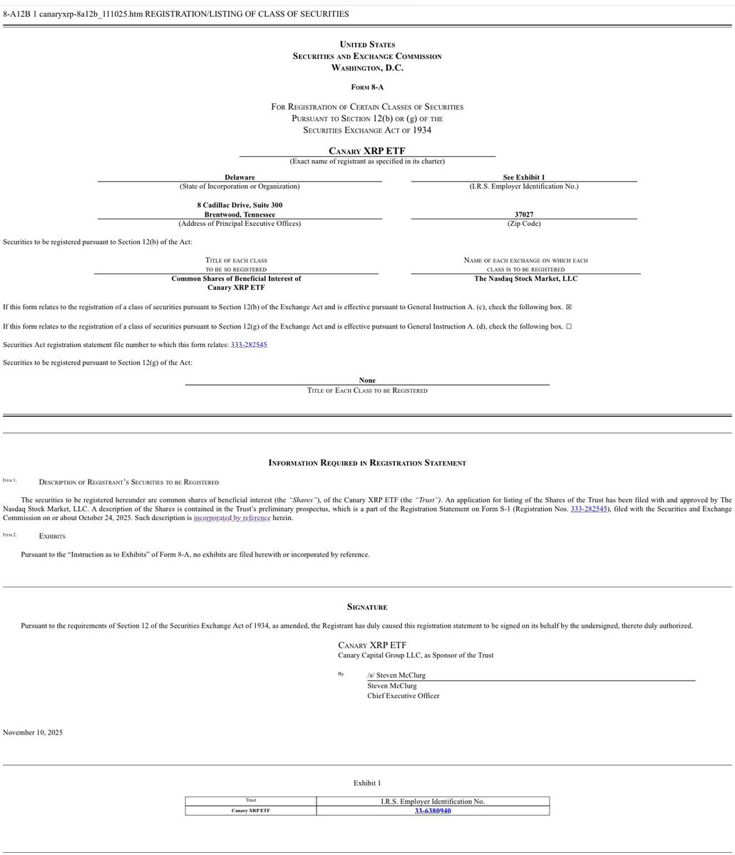 XRP JUST IN⚡️🇺🇸 暗号資産記者エレノア・テレット氏によると、キャナリー・キャピタルは米国証券取引委員会（SEC）にForm  8-Aを提出しました📢 ナスダックが水曜日の東部時間午後5時30分に上場を承認次第、同ファンドは有効となります。 その後、最初のXRP現物ETFは  ...