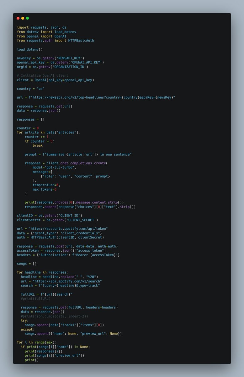 dkingony's tweet image. Day 95 of 100

Project Day: Daily Track Generator👨🏾‍💻
Today, I worked on a combining today&apos;s news with today&apos;s top hits with the help of several API sources for a cool project mashup.

This was quite a task to complete🥴

#Replit100DaysOfCode #100DaysOfCode #pythonlearningjourney