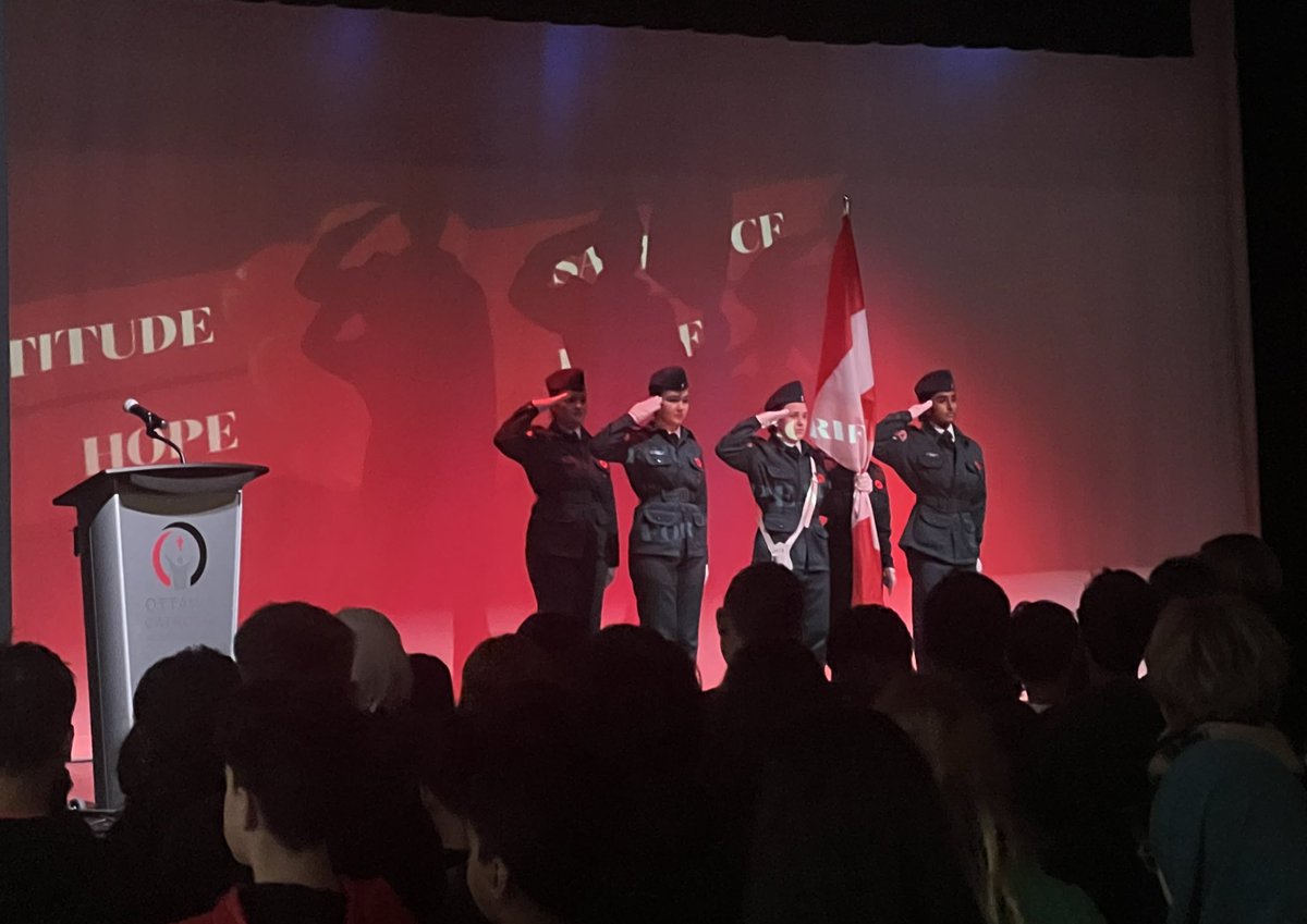 Ms_Sushma_'s tweet photo. Today @MotherTeresaHS, we gathered as a school community for our Remembrance Day assembly, to pray for peace, honour our veterans, and remember the sacrifices made for our freedom. 🌺 #WeRemember @OttCatholicSB https://t.co/14AeCK9trE