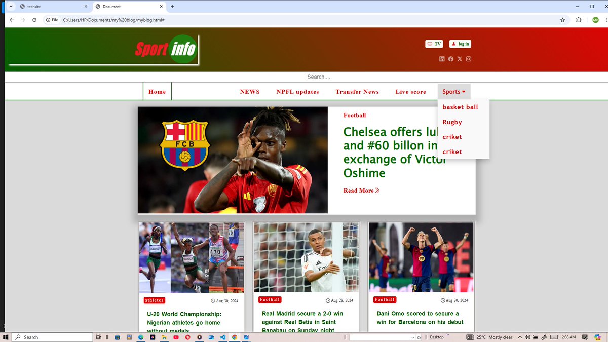 OutsidersODG's tweet image. I&apos;m trying to build a sport site, as someone who started learning frontend development this year.
Please rate my work 
Today is day 5 
#Frontend #frontenddevelopers #webdesigntutorial