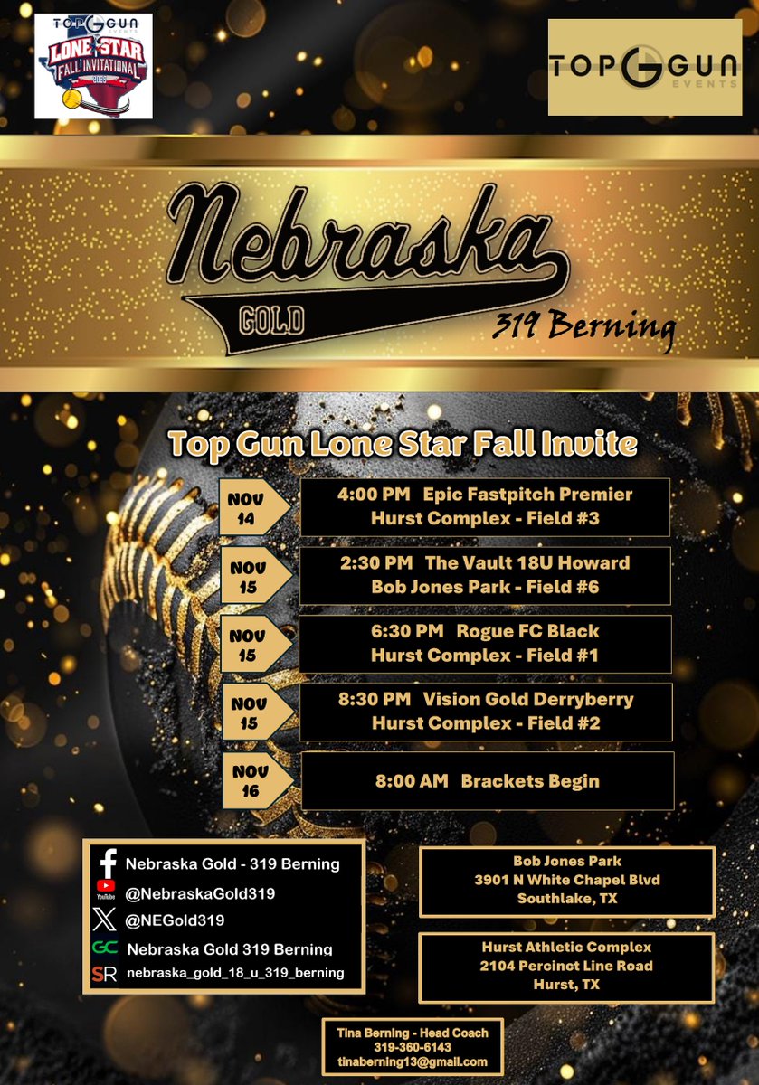 NEGold319's tweet photo. Ready to take on Texas!!! Girls are @ Top Gun Lone Star Invite in Grapevine this weekend!!!  Last fall tournament to see the girls!!! @NebraskaGold @TopGunEvents @TGETalent https://t.co/4btjJYasm9