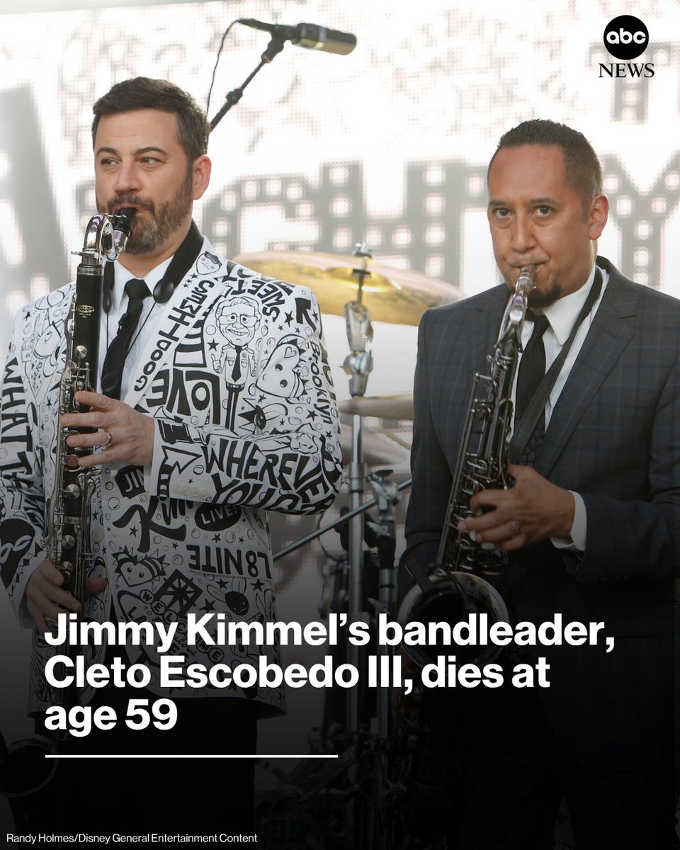 ABC's tweet photo. Jimmy Kimmel's bandleader, Cleto Escobedo III, died on Tuesday morning, Kimmel announced on social media.
 
Escobedo, who led the band Cleto and the Cletones on Kimmel's show "Jimmy Kimmel Live!," was 59.

Read more: https://t.co/TytyeVnCmn https://t.co/649A9sYexD