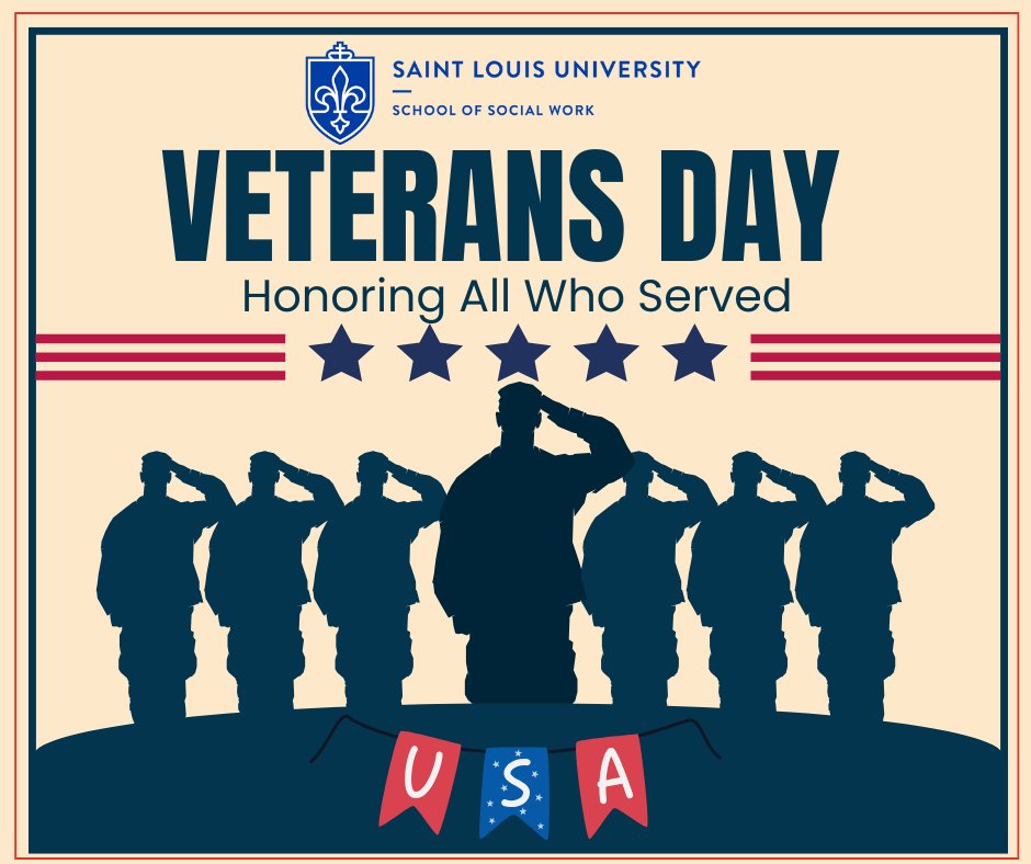 SocialWorkSLU's tweet photo. 💙🇺🇸 This #VeteransDay, we honor those who served. 🇺🇸💙
We pause to thank the brave men &amp; women whose courage, dedication, &amp; sacrifice inspire us all.
At SLU’s School of Social Work, we proudly recognize our veteran students, alumni, faculty &amp; staff. Thank you for your service. https://t.co/x5H3pMHOnW