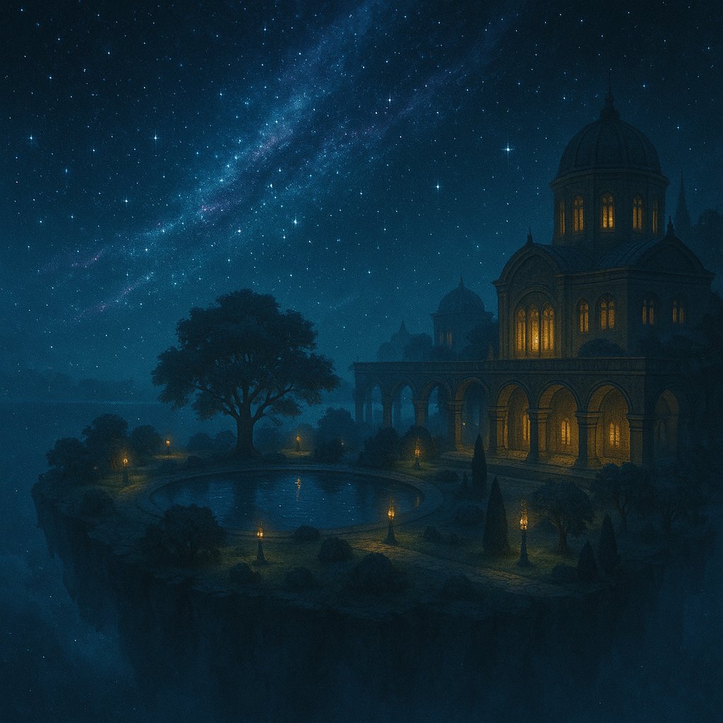 funfungen's tweet image. 🌠浮星の月庭都市
星の川が天を渡り、浮島の庭に静けさを降らす。灯火が水面に揺れ、永遠の夢が花ひらく。
 #幻想風景 #浮遊都市 #星夜庭園