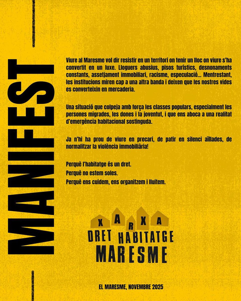 Avui fem públic el naixement de la Xarxa pel Dret a l'Habitatge del Maresme, una eina més al servei de la lluita per l'habitatge a la comarca
Ja n'hi ha prou de viure en precari, de patir en silenci aïllades, de normalitzar la violència immobiliària!

Avui fem un pas endavant ✊