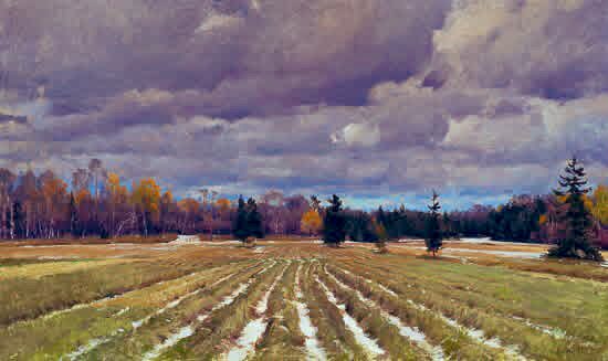 Joseph Paquet (American, b.1962) 
"Furrows and First Snow," n.d. 
Oil on canvas 
36 x 60 in