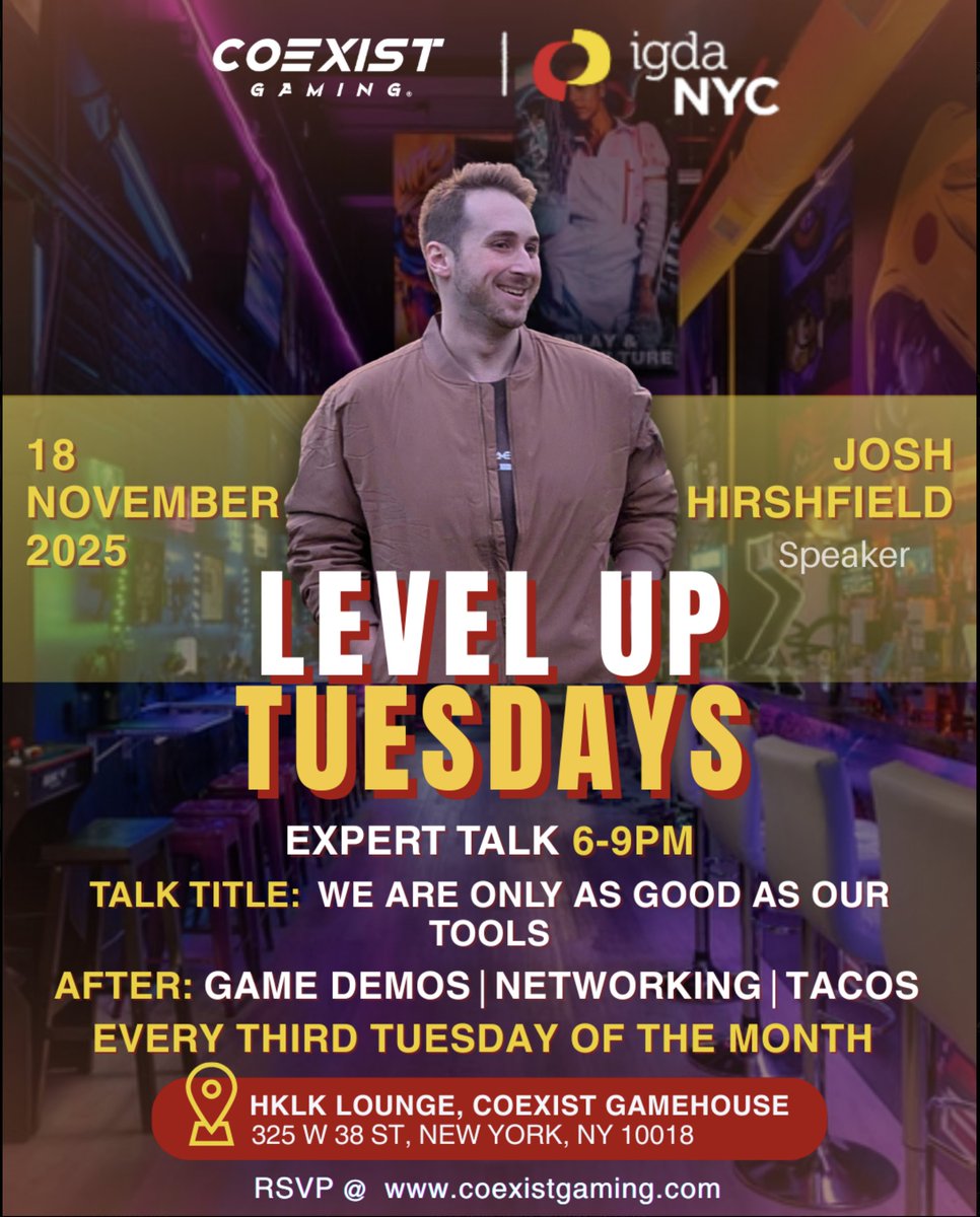 IGDANYC's tweet image. Nov 18: IGDA NYC Level Up Tuesday!

Speaker: Josh Hirshfield on Building Tools for tasks &amp;amp; prototypes

Spotlight Games: Wynd, a dandelion race Legendary Heroes, fast-action beat'em up

RSVP for FREE entry: coexistgaming.com/event-details/…

Third Tuesdays of the month.  #NYMakesGames