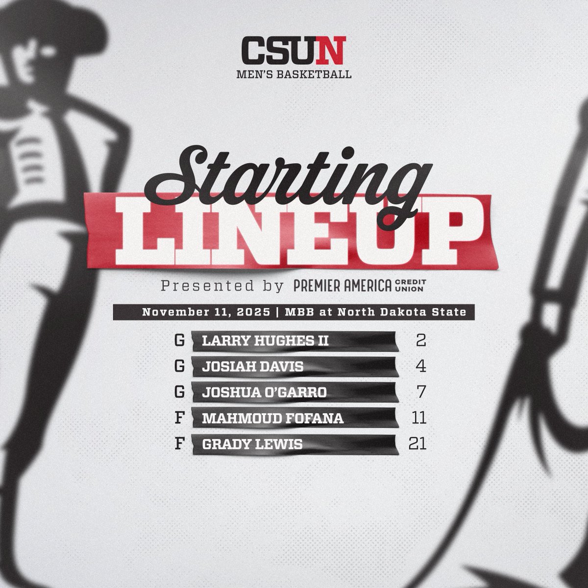 CSUNMBB's tweet image. CSUN Starting 5⃣ tonight at North Dakota State. 

#GoMatadors