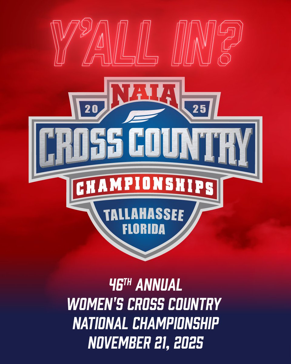 NAIA's tweet image. Y&apos;ALL IN? 

The field is set. 36 teams are competing in the 2025 NAIA Women&apos;s Cross Country National Championship. Who&apos;s gonna run away with the Red Banner? 

#TheRightWayToPlay #BattleForTheRedBanner

naia.prestosports.com/x/9xy48