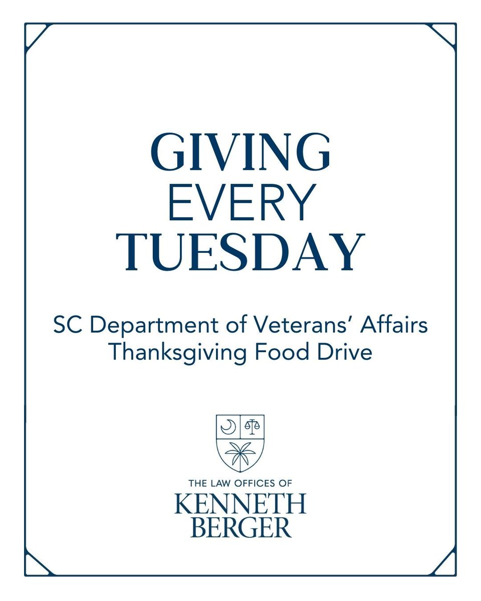 BergerLawSC's tweet photo. This Giving (Every) Tuesday, we’re spotlighting the Thanksgiving Food Drive from the SC Department of Veterans' Affairs &amp; Harvest Hope. This drive supports SC veterans and families with access to meals this holiday season. https://t.co/QxIx17Xi2u