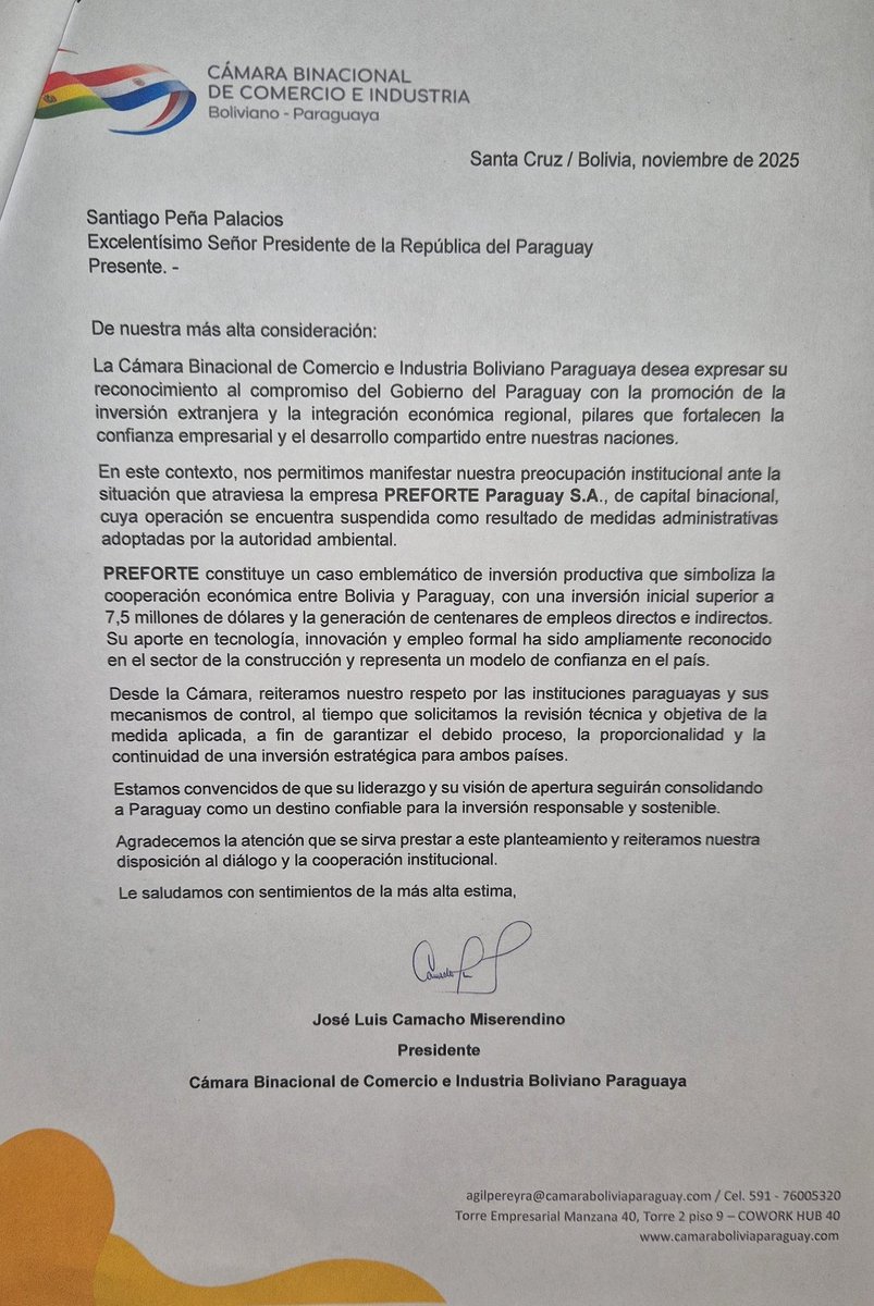 GuachireM's tweet photo. El caso Preforte llegó hasta el presidente Peña.

La Cámara Binacional de Comercio e Industria Boliviano-Paraguaya envió una nota pidiendo revisar la medida del MADES, garantizar el debido proceso y restablecer la confianza para invertir.

La nota fue firmada por José Luis Camacho Miserendino, presidente de la Cámara.