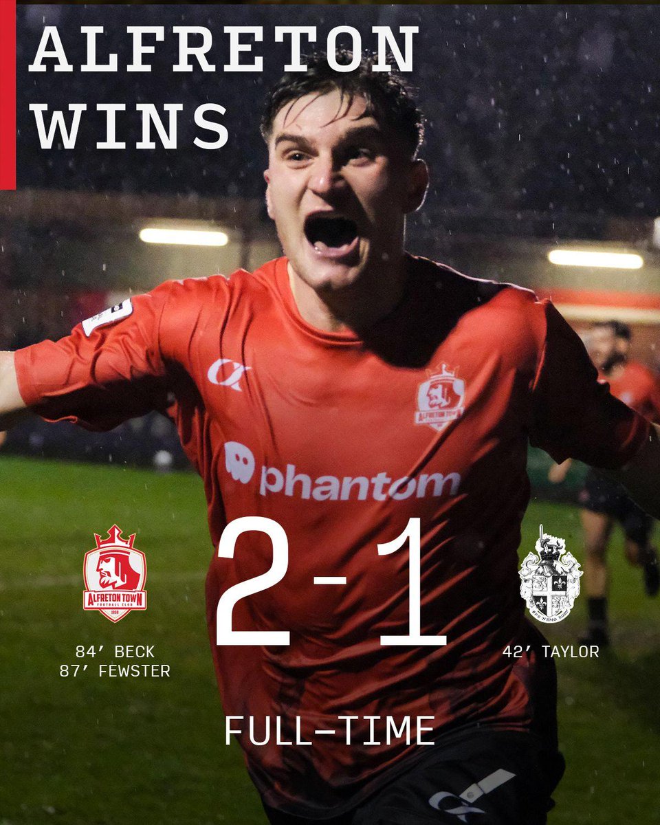 AlfretonTownFC's tweet image. FULL TIME!! 

LETS GO REDS! The Jake Buxton Era has LIFT OFF! 

Two goals in the final 10 minutes from Mark Beck, his first for the club and Billy Fewster seal a sensational win as Alfreton come from behind for the first time this season to get a vital win that lifts us out of…