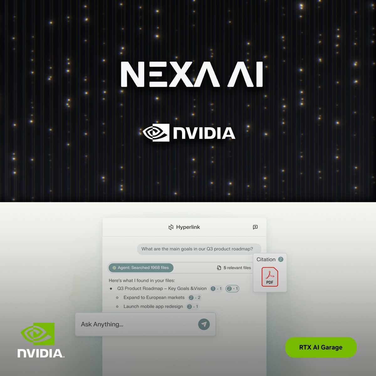 NVIDIA_AI_PC's tweet image. Your local AI agent, upgraded.

@Nexa_ai&apos;s Hyperlink is accelerated by RTX AI PCs allowing for scans of gigabytes of local files in minutes — fast, private, and all on your device.

Get started today #RTXAIGarage 👉 nvda.ws/3LSZDYA