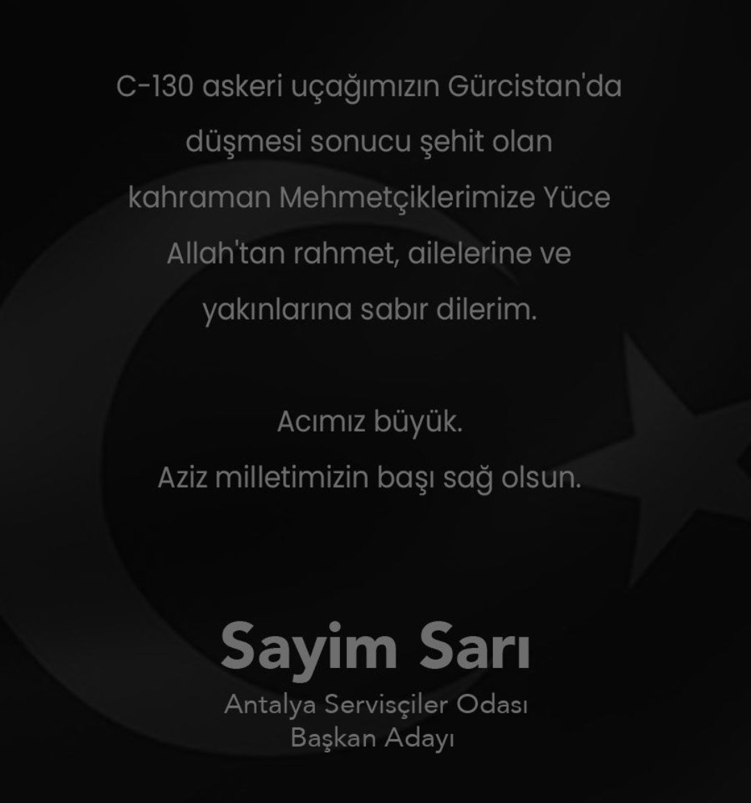 SayimSari07's tweet photo. C-130 askeri uçağımızın Gürcistan'da düşmesi sonucu şehit olan kahraman Mehmetçiklerimize Yüce Allah'tan rahmet, ailelerine ve yakınlarına sabir dilerim.

Acımız büyük.
Aziz milletimizin başı sağ olsun. https://t.co/1kyI3QQKK0