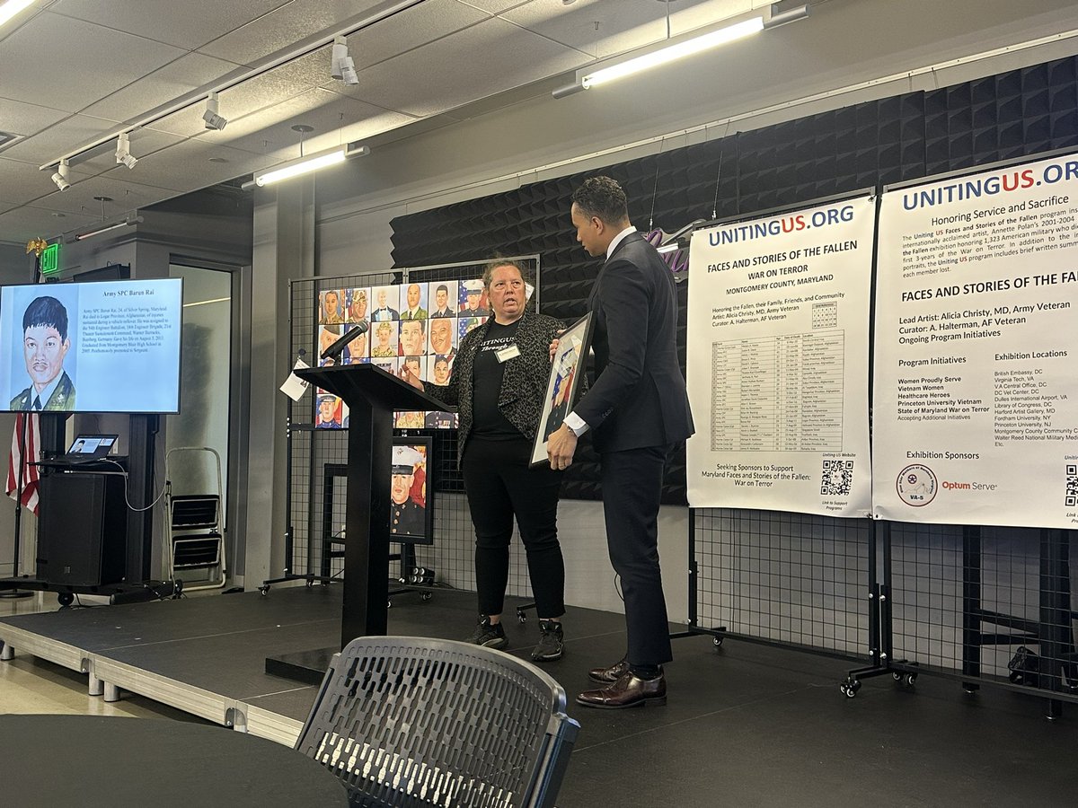 MCAlumniAssoc's tweet image. Happy Veterans Day! This morning, Maryland State Senator @Willcsmithjr hosted an impactful Veterans Day reception on the Takoma Park/Silver Spring Campus to honor Maryland’s fallen service members through the Faces of the Fallen art exhibit. #VeteransDay #ThankYouForYourService🙌