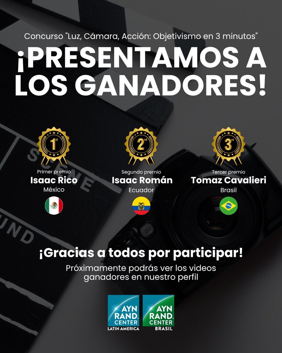 🎬 ¡Presentamos a los ganadores del concurso “Luz, Cámara, Acción: Objetivismo en 3 minutos”!

(Aclaramos que el ARCLA no necesariamente comparte la totalidad del contenido expresado en los videos seleccionados.)