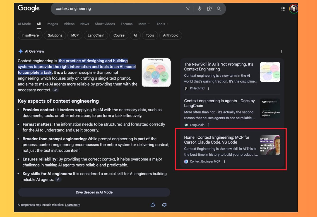 BAMBAMBAM!

Finally starting to show up in top placements on Google!

Some time ago I set the goal to rank in top positions for "Context Engineering". 

It takes a lot of work and patience to build the basics for this. 

weeks and weeks where you keep pushing and nothing happens.