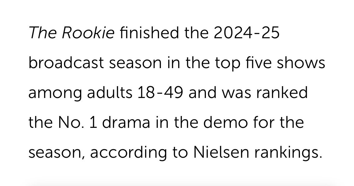 TheRookieBTS's tweet image. 📈 | #TheRookie was ranked the number 1 drama amongst adults 18-49 for the 2024-25 broadcast season, according to Nielsen rankings.