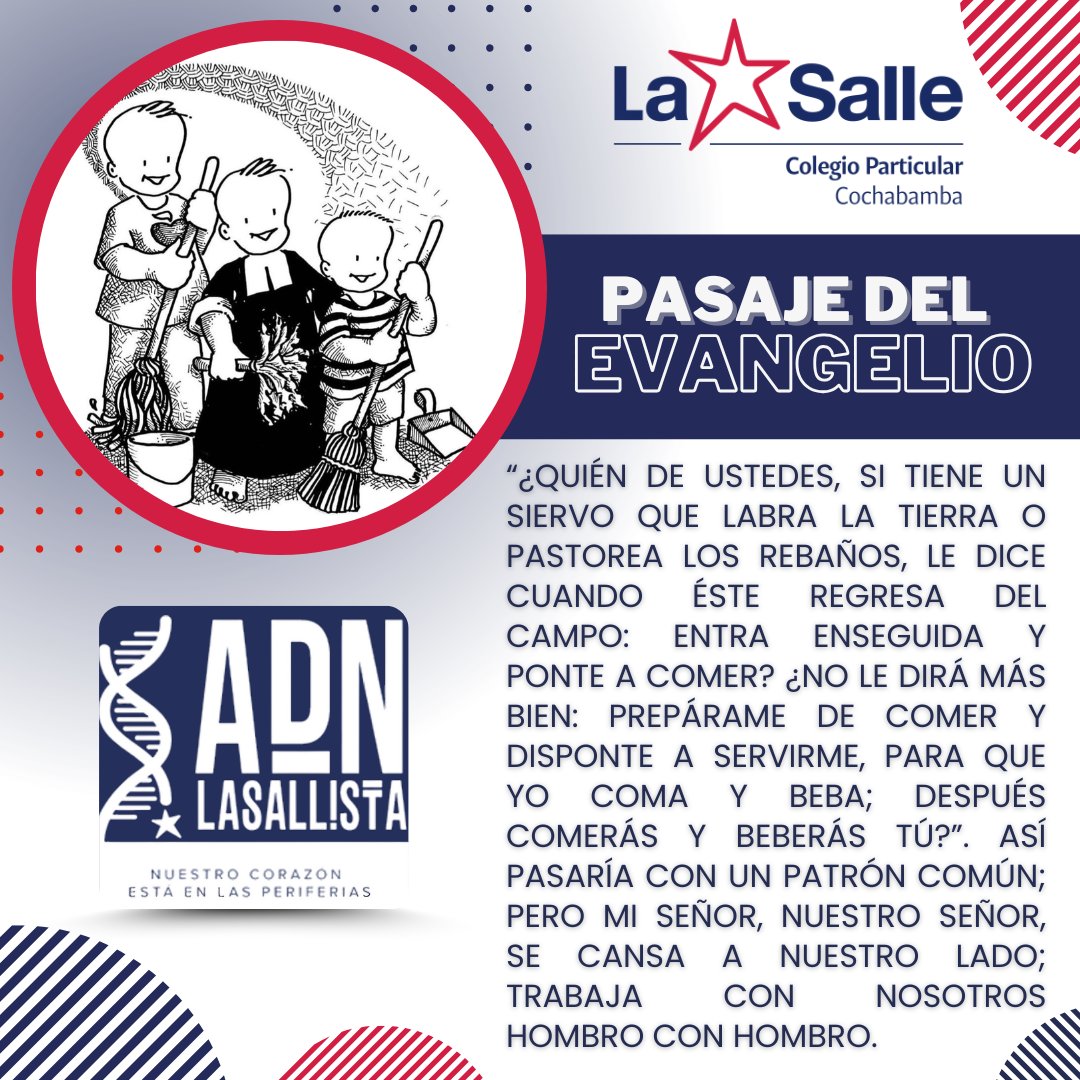 Jesús nos enseña que servir con amor es el mayor honor. 
No busca que trabajemos por obligación, sino que sirvamos con alegría, sabiendo que Él también se pone a nuestro lado, hombro con hombro, cada día.
#SomosLaSalle #ADNLasallista