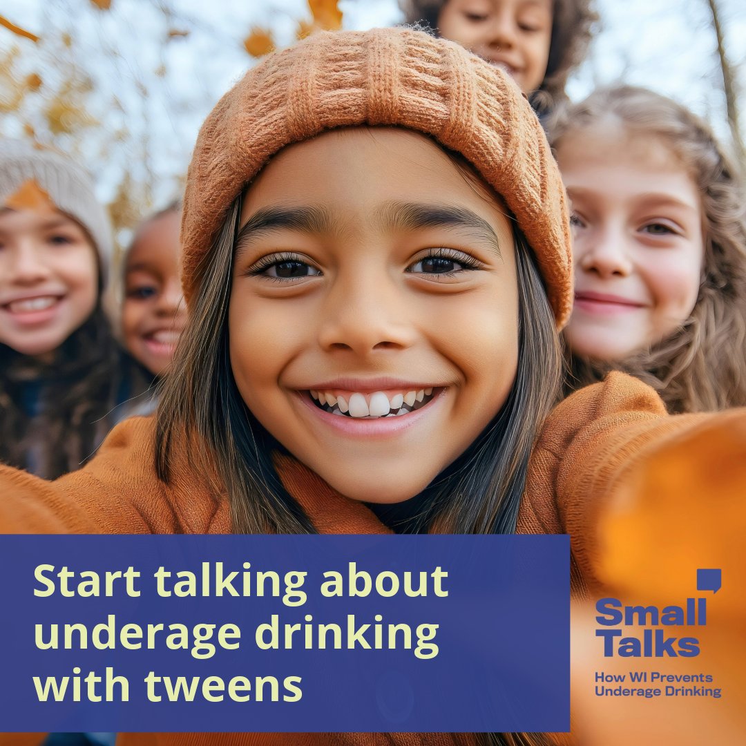 DHSWI's tweet image. Is there a tween in your life – a child between 8 and 12? Explain to them how underage drinking can put them in danger and help them practice how to deal with peer pressure. Not sure how to start? #SmallTalksWI has tips: dhs.wisconsin.gov/small-talks/st…