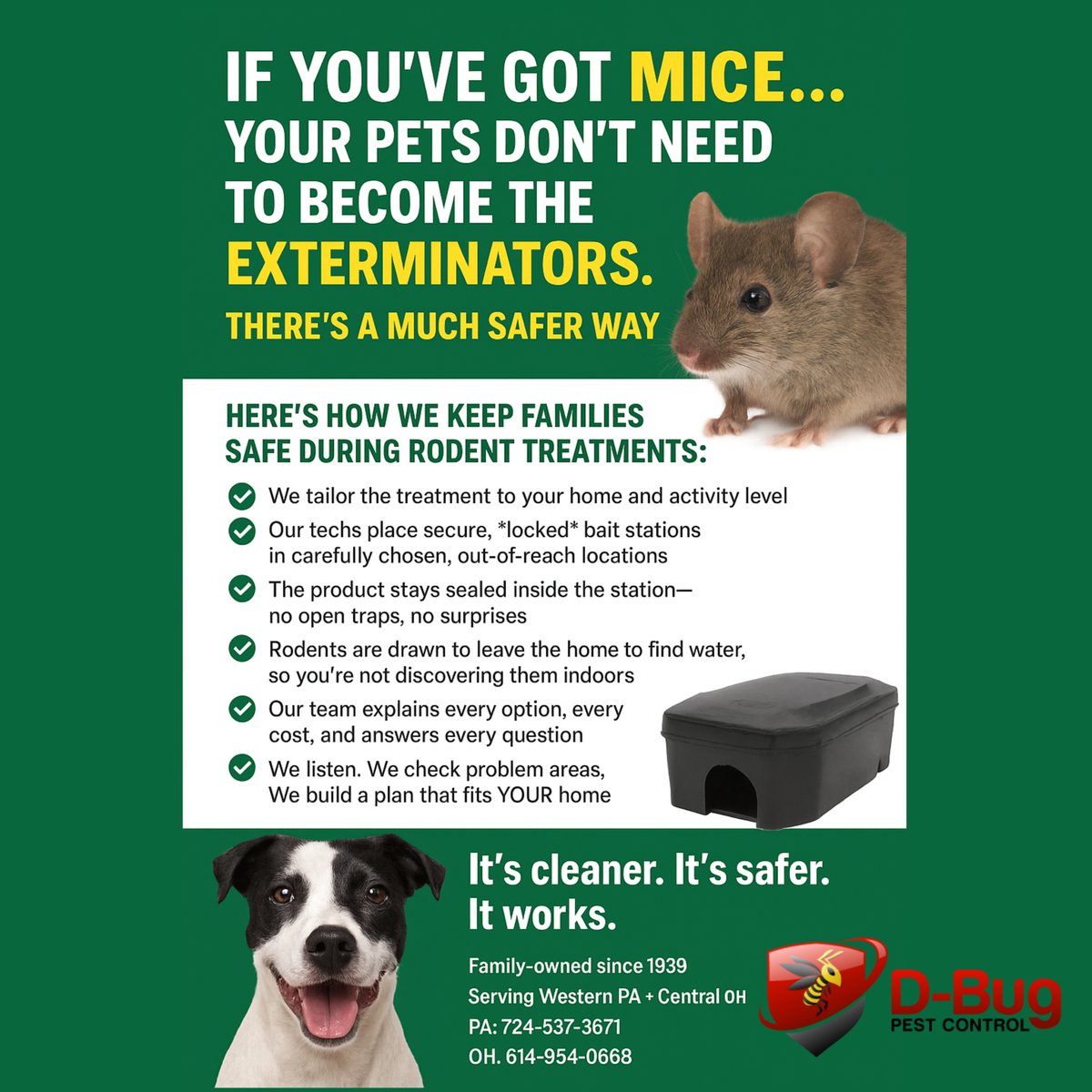 PestD78398's tweet image. Got mice? Your pets shouldn’t be the exterminators. 🐭❌🐶
D-Bug uses locked bait stations (safe for kids + pets), no messy traps, no surprises. Cleaner. Safer. It works. 👏
Family-owned since 1939, serving Western PA &amp;amp; Central OH.
724-537-3671
614-954-0668
#RodentControl