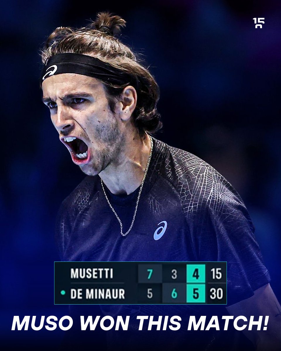quindicizero's tweet photo. COS'HAI FATTO LORENZOOOOO 🇮🇹

Lorenzo Musetti vince una partita CLAMOROSA in maniera più che rocambolesca!

L'azzurro batte Alex de Minaur per 7-5 al terzo set, recuperando da 3-5 in un parziale in cui si è trovato anche a dover salvare palle del doppio break in favore dell'australiano. Il carrarino è parso più volte al limite fisicamente ma la fatica si è dissolta in un rush finale semplicemente travolgente.

Primo successo in carriera alle ATP Finals per Musetti, che si regala così ancora una chance per il passaggio alle semifinali!