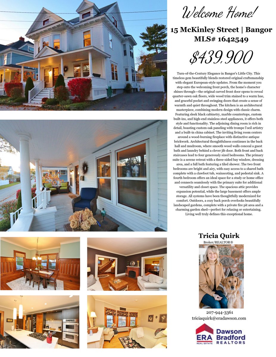 Welcome Home!
15 McKinley Street, Bangor ~ $439,900
✅ 4 Bedrooms🛏️
✅ 2.5 Baths🛁
✅ 2,156 Sq. Ft. Living Space🏠
✅ .08 In-Town Acres🌳
✅ Great Neighborhood🏘️
Call Me Today!  Tricia Quirk 207-944-3361