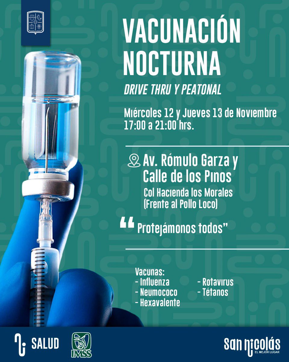 #Prevencion #Salud ⚠️👨🏽‍⚕️
Una Vacunación Nocturna Más para que Toda La Familia la aproveche

Protégete en esta temporada de frío! 

Mañana Miércoles 12 de noviembre y jueves 13 de 5pm a 9pm

<a href="/nelvaldez/">Nelson Valdez</a> <a href="/arandatamayo_/">HuGo Aranda Tamayo</a> <a href="/chaledelafuente/">Carlos de la Fuente</a> <a href="/cesarmty/">César Cepeda</a> <a href="/yadithvaldez/">Yadith Valdez</a> <a href="/JudithMedrano/">Judith Medrano</a>