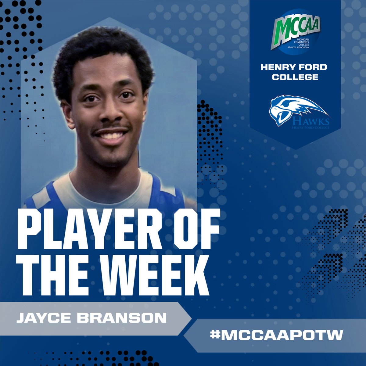 3️⃣3️⃣!!

Jayce Branson from Henry Ford CC is the Men's Basketball Player of the Week for the Eastern Conference!

He helped the high-powered Hawks offense score over 100 points in a win with 33 points on 12-of-19 shooting to go with 11 rebounds!

#MCCAAPOTW