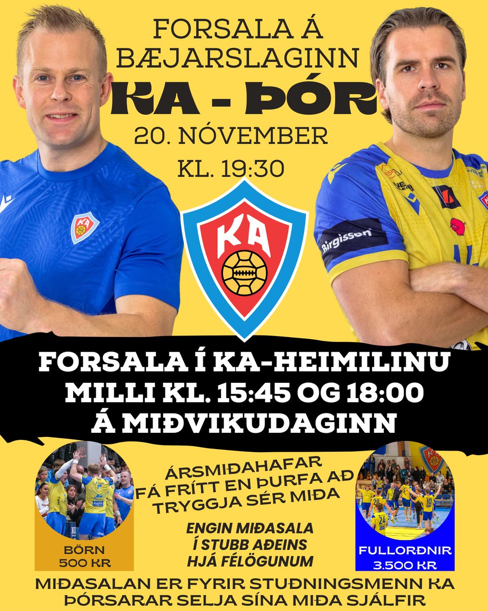 FORSALA Á STÓRLEIK KA OG ÞÓR Í KA-HEIMILINU MILLI KL. 15:45 OG 18:00 Á MORGUN, MIÐVIKUDAG!

Ekki missa af einum stærsta leik vetrarsins, áfram KA! #LifiFyrirKA