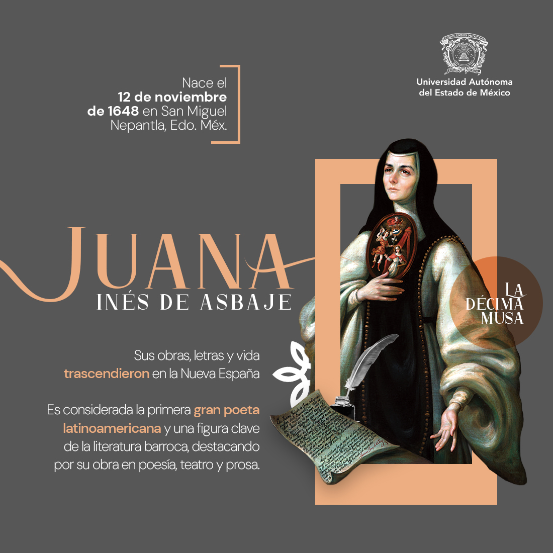 UAEM_MX's tweet photo. 📚Conmemoramos el natalicio de Sor Juana Inés de la Cruz, una de las figuras más brillantes de la literatura novohispana y referente del pensamiento femenino en América Latina. https://t.co/Nbimc13Pgk