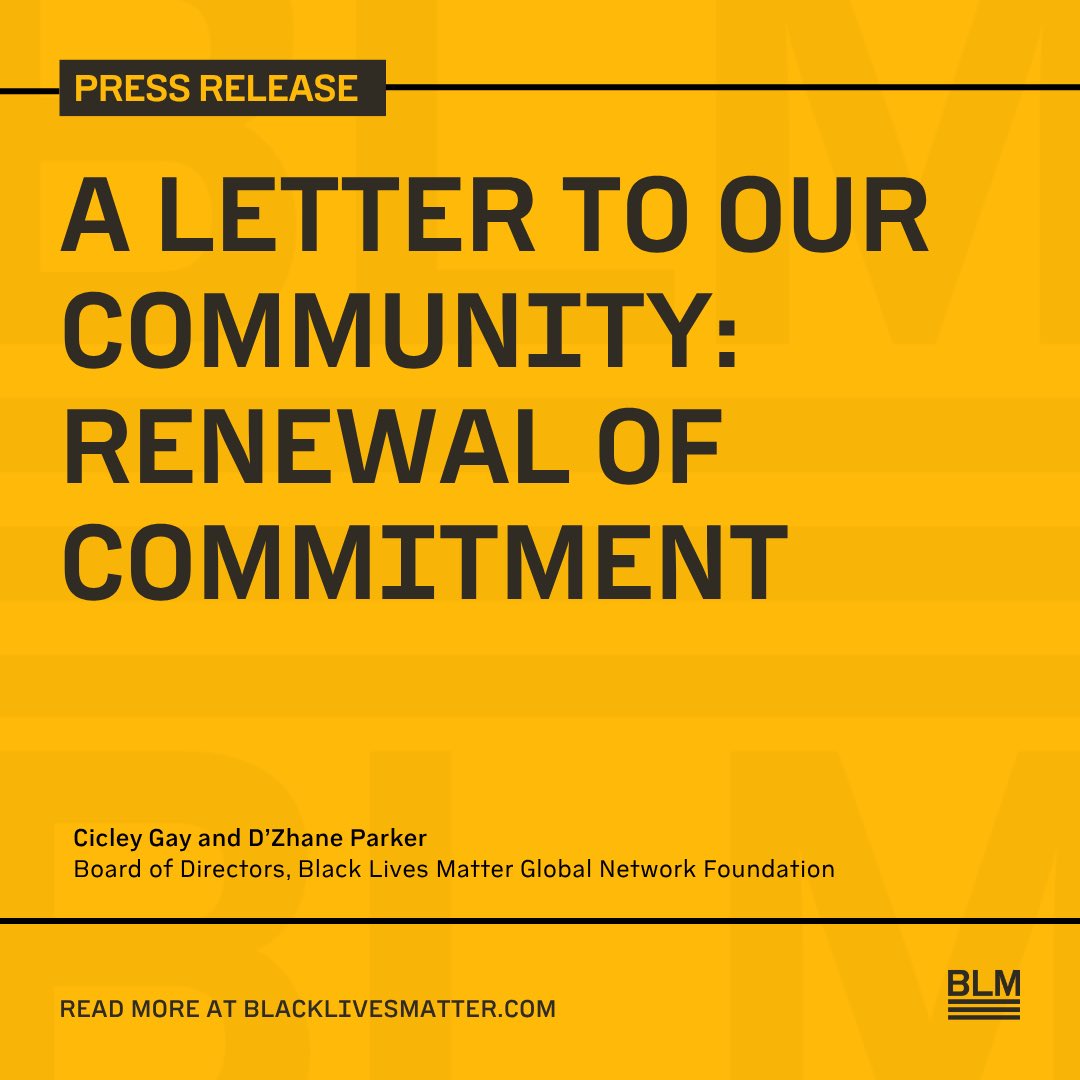 Blklivesmatter's tweet photo. As part of our continued commitment to transparency and accountability, we’d like to share that we are undergoing a leadership transition. You can find more details in our latest community letter.

We invite you to keep walking with us. To dream with us. To build with us. To continue showing up with open hearts and steady hands. 🖤

With hope and with unwavering love,

Cicley Gay and D’Zhane Parker
Board of Directors, Black Lives Matter Global Network Foundation

Read the full letter here: https://t.co/relJhHWtvz