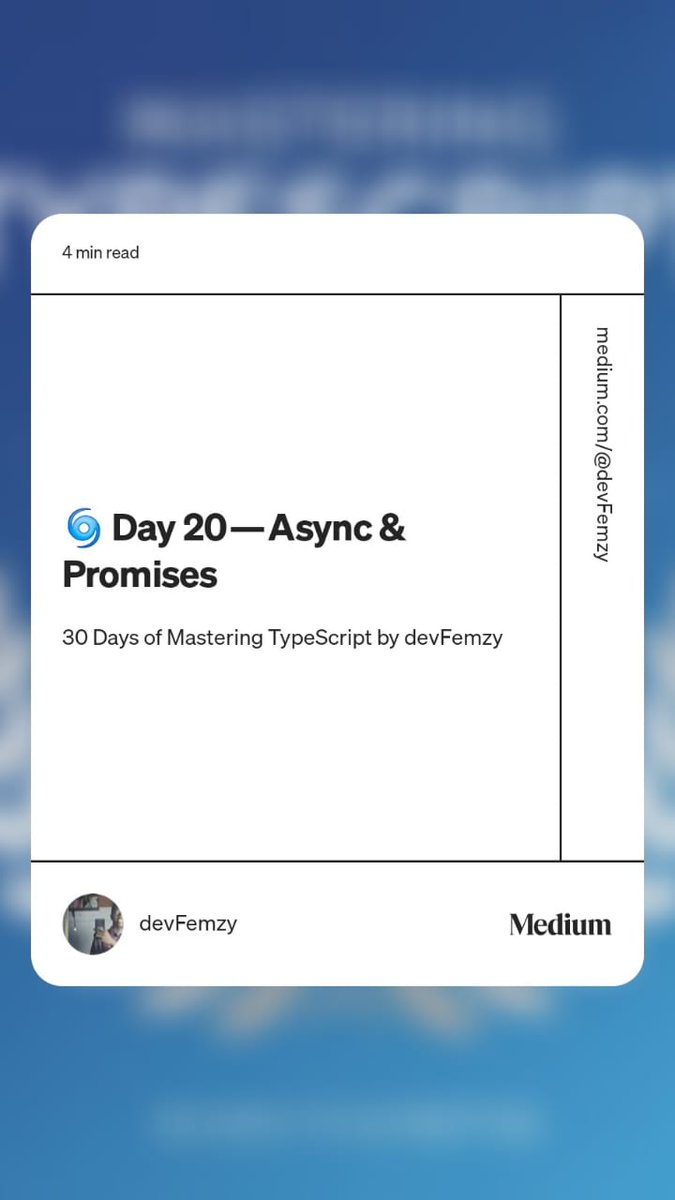 devFemzy's tweet image. 🌀 Day 20 — Async &amp;amp; Promises
30 Days of Mastering TypeScript by devFemzy

medium.com/@devFemzy/day-…

asynchronous programming — promises, async/await, and typing your asynchronous functions safely with TypeScript...

#30DaysOfTypeScript #TypeScript