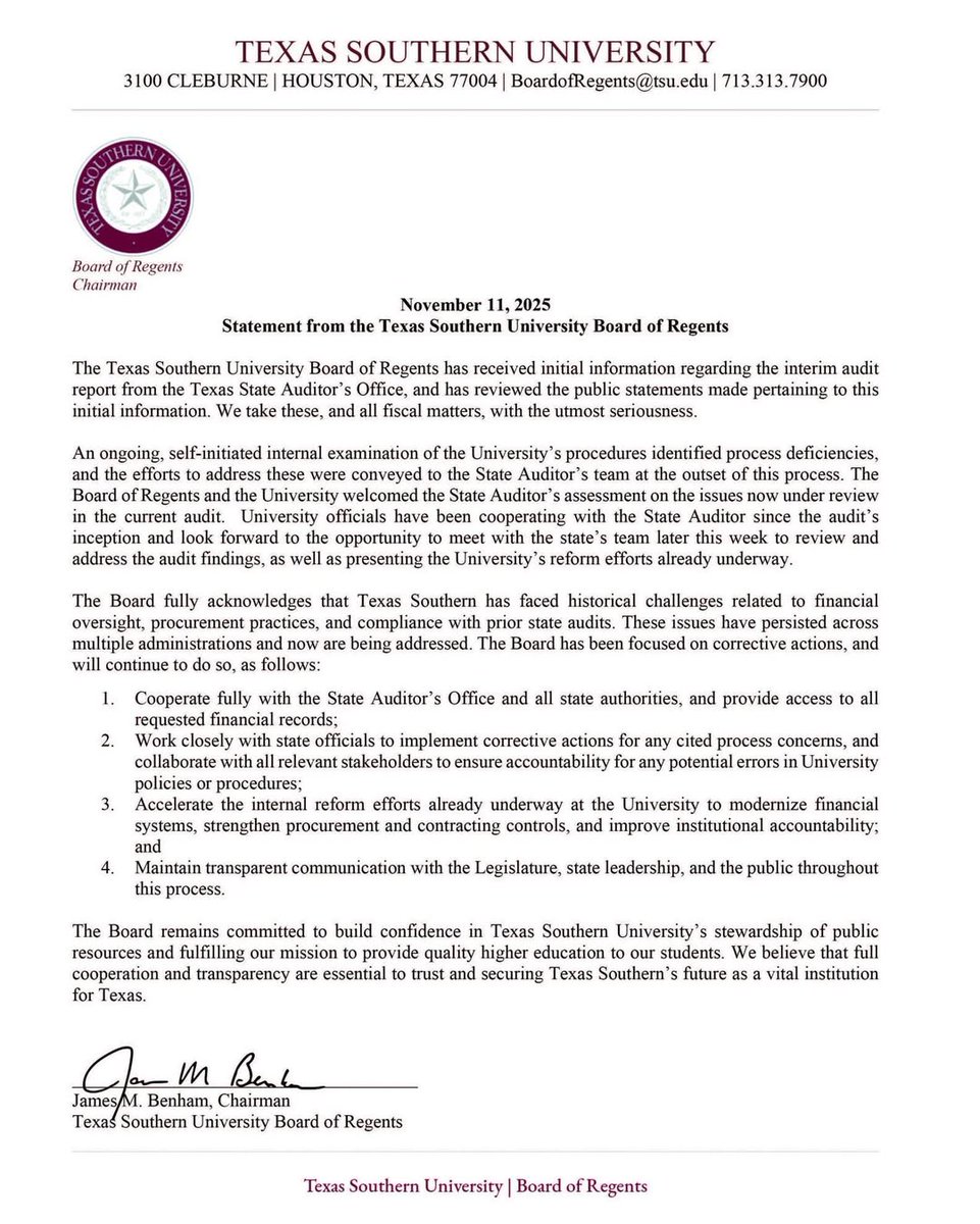 A statement from the Texas Southern University Board of Regents.