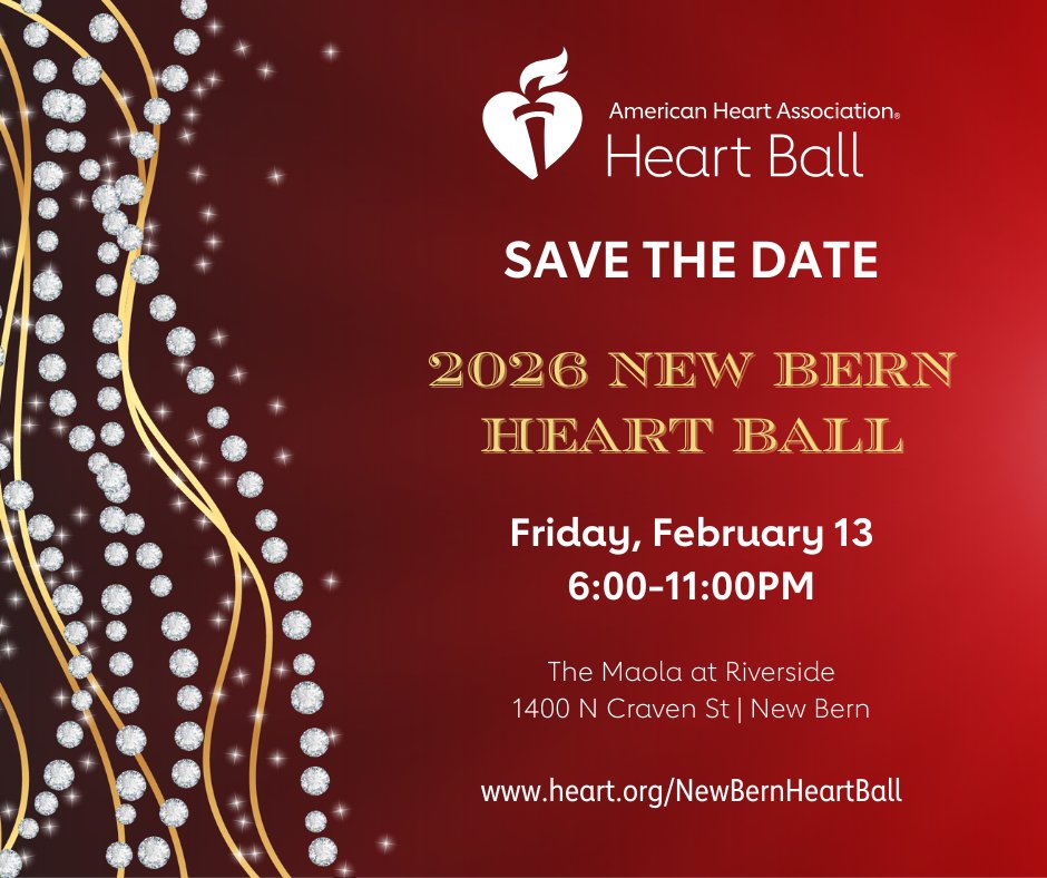 Save the Date! 🎉 Join us for the 2026 New Bern Heart Ball on Friday, February 13 — an unforgettable evening featuring a seated dinner, live auction, dancing, and more! Visit spr.ly/60117pfvN for more info.