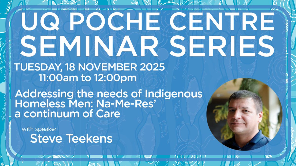 UQPoche's tweet photo. We are excited to be hosting Steve Teekens, Executive Director, Na-Me-Res (Native Men’s Residence), Toronto, for the next instalment of the UQ Poche Seminar Series next week.

Register via the link on our website: https://t.co/5UCcCV9YpA https://t.co/wk404IBhEJ