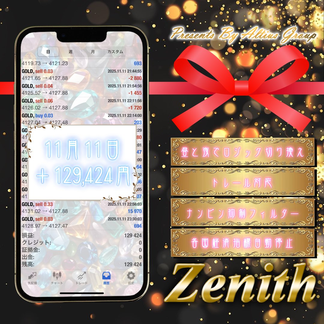 Altiusグループ　🦋11/11 の結果🥰

🌠昼夜ロジック切り替え⭐ゼニス0.03Lot
＋ 129,424円
＋ 12.9%

ご利用希望はこちら👇
「Altiusグループ【FX自動売買EA】」
line.me/ti/g2/mxy-oSUc…