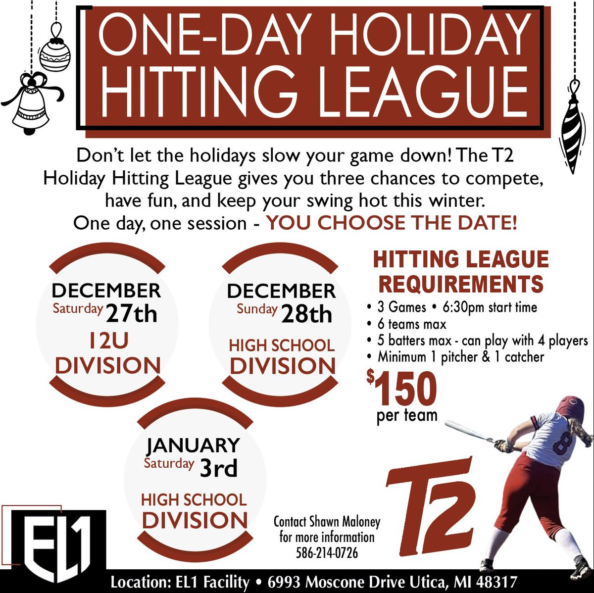 T2 East Side Hitting League Opportunities are Back!
Live reps! Prizes! Fun! Social Media! Help with Recruiting!

East Side Hitting LeagueSession 1
tms.ezfacility.com/OnlineRegistra…

One-Day Holiday Hitting League
tms.ezfacility.com/OnlineRegistra…