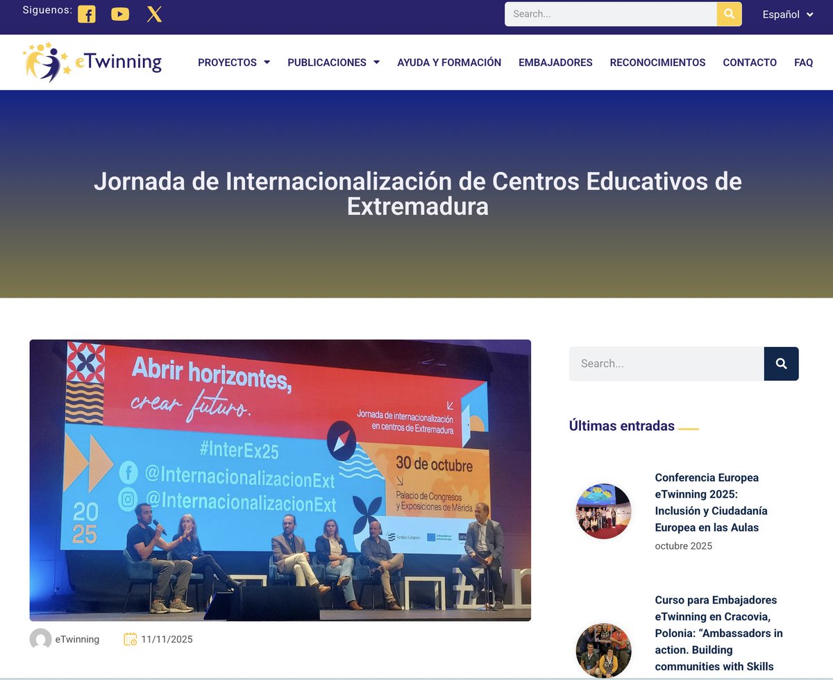 Gracias <a href="/eTwinning_es/">eTwinning España</a> por haceros eco de nuestras Jornadas de Internacionalización en Centros de Extremadura #interEx25
etwinning.es/jornada-de-int…
Gran equipo de #EmbajadaExt
<a href="/maria_matrinpe/">MARÍA TRINIDAD PÉREZ 🌱</a>
<a href="/CamiloRM23/">Camilo Rodriguez</a>
<a href="/monsecamacho13/">Monse Camacho</a>
<a href="/MargaritaGil3/">Margarita Gil</a>
<a href="/Moisescanada/">Moisés Cañada López</a>
<a href="/rincn_antonio/">Juan Antonio Rincón Carballo</a>
<a href="/akellopez/">Ángel López Corrales</a>