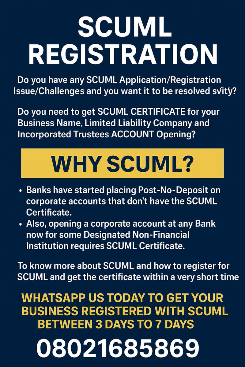 SOjochenem10536's tweet image. Need help with CAC or SCUML registration?
Want to understand your business data better?

At CHEX CORPORATE HUB LTD, we help you stay compliant &amp;amp; make smart, data-driven decisions.

📞 08021685869 | 🇳🇬 Nigeria
#DataIntelligence #CorporateCompliance #SCUML #CAC #BusinessGrowth