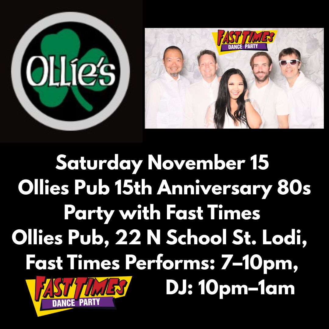 FastTimes80s's tweet image. It's 80s Night at Ollie's Pub's 15th Anniversary Party! Sat. Nov. 15 at Ollie's Pub 22 N. School St. Lodi. Fast Times rocks all your favorite 80s dance songs 7–10pm. Don't miss it.
#FastTimes #FastTimes80s #FastTimesBand #FastTimesRocks #FastTimesLive #FastTimesDanceParty