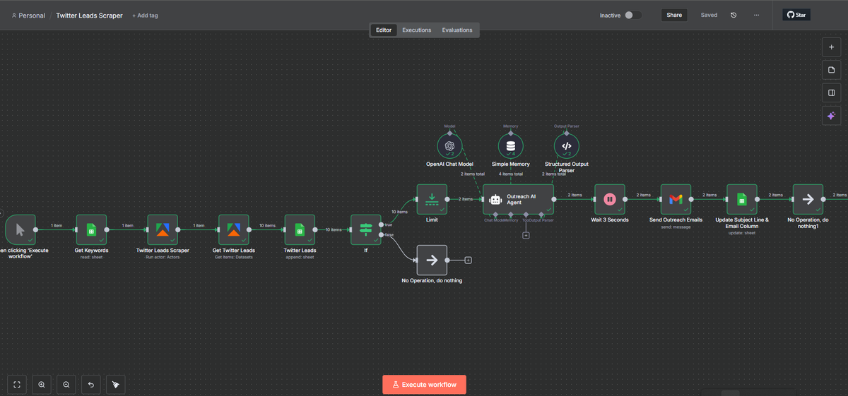 LuxeAutomations's tweet image. Here&apos;s a workflow that scrapes unlimited leads from Twitter using @apify then automatically writes and sends personalized cold emails tailored to each lead created in n8n.

Watch the full video here: 👉 youtu.be/rdjNMMVAhgQ

#TwitterLeads #LeadGeneration #Apify #n8n #ColdEmail…