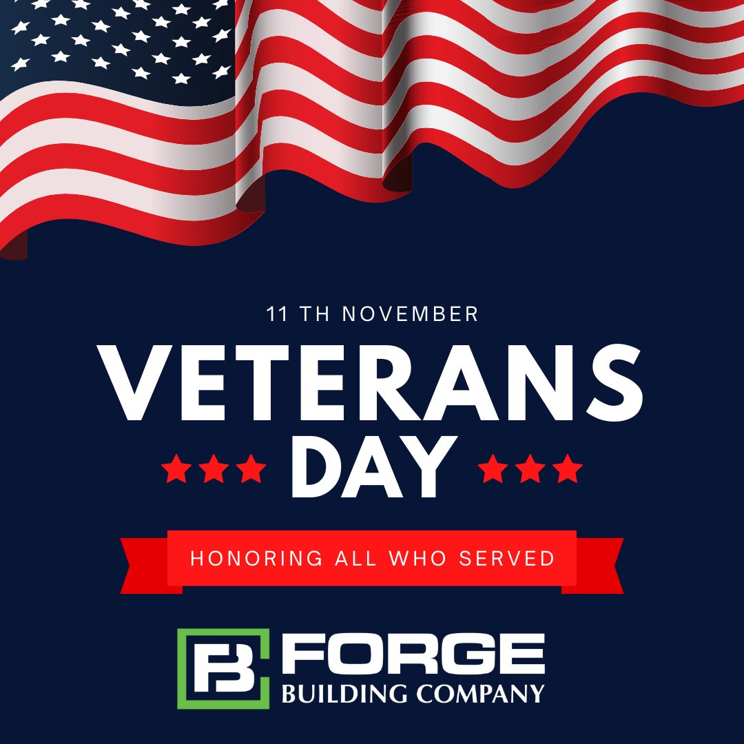 ForgeBuildingC1's tweet image. Today, we pause to honor and thank the brave men and women who have served and continue to serve our country. 

At Forge Building Company, we are proud to work alongside veterans within our teams, on our job sites, and across the communities we build. 

#VeteransDay #forgeahead