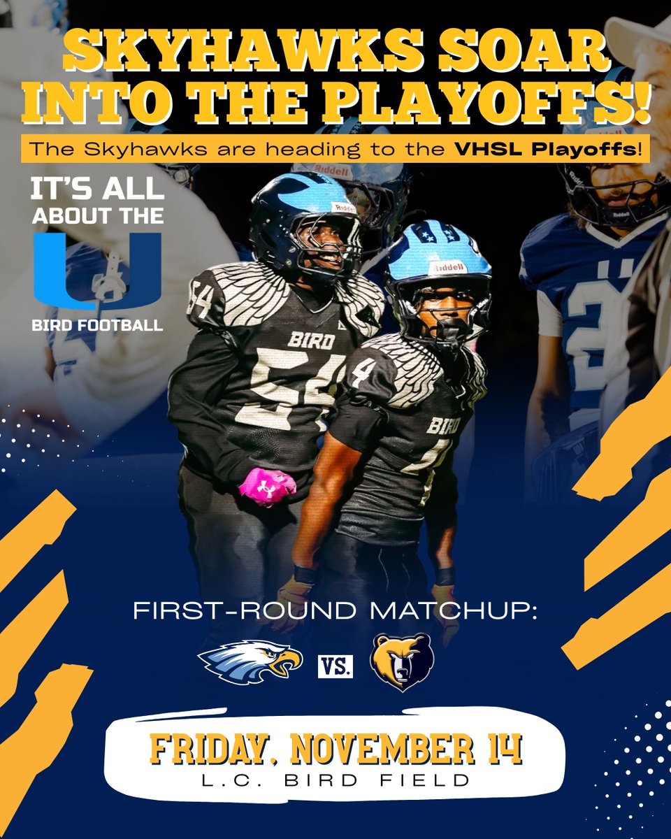 The Skyhawks pulled off an exciting 21-15 victory over James River last Friday, earning a spot in the VHSL playoffs!   

Skyhawks vs. Western Branch High School  This is a pivotal moment in the season—let’s pack the stands, and show our team what Skyhawk pride looks like!