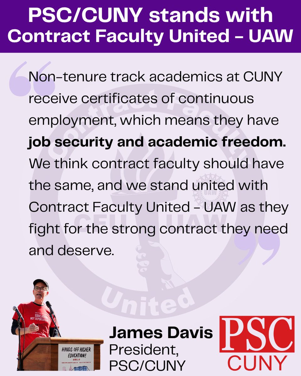 Non-tenure track faculty at CUNY have job security and academic freedom through a system of certificates of continuous employment. We thank <a href="/PSC_CUNY/">PSC/CUNY</a> for their support and solidarity standing with us as we fight for our own job security and the academic freedom that comes with it