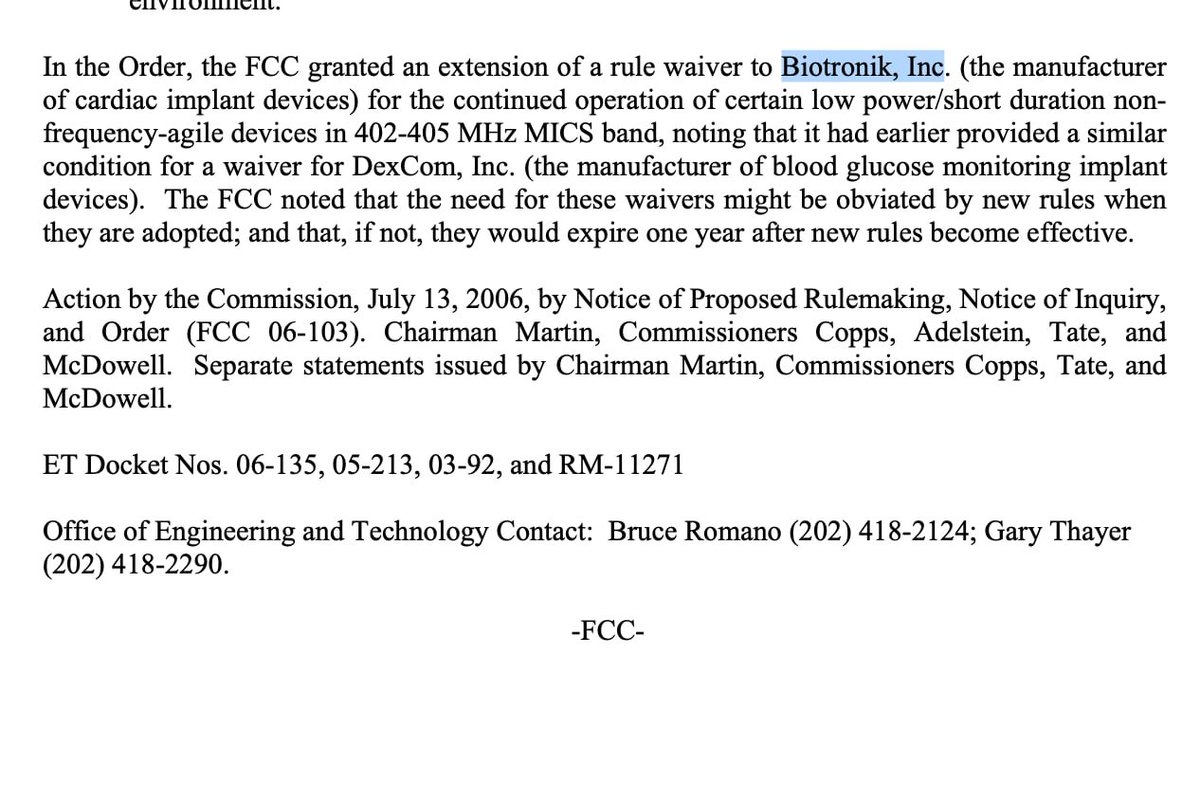 CorinneNokel's tweet image. #FCC 

2006 

#BIOTRONIK 

Wireless IntraBody Communication 

#WMTS  #MedRadio

 docs.fcc.gov/public/attachm…