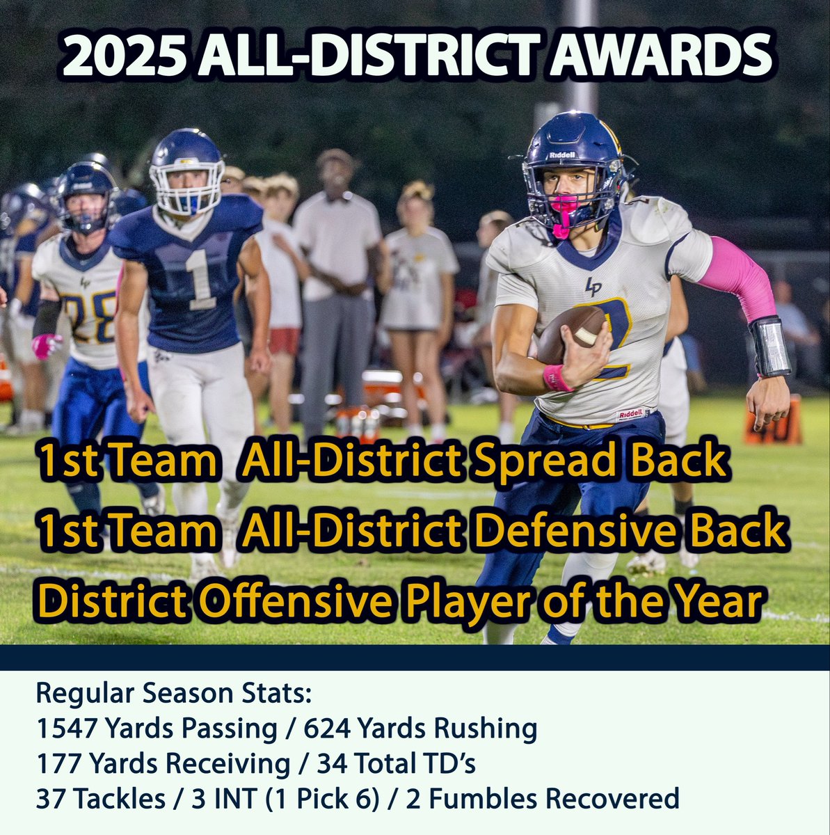 CalebSedgwick02's tweet photo. All District Awards were just released. Bc of injuries this year I had to move from Receiver to spread back. (qb and rb combined) I am super honored to win 1st team all district and all district offensive player of the year in a position I never played until this year! https://t.co/oMsJbTSCN6