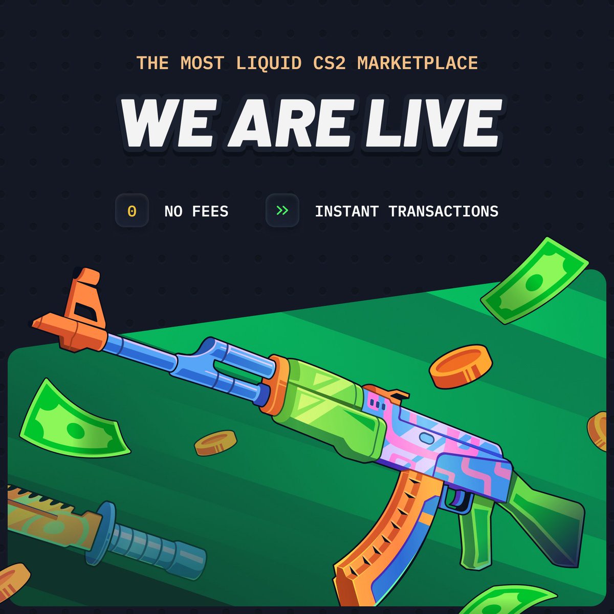 skinscom's tweet image. Skins is now open to the public!

We're pleased to announce the first 0% fee marketplace for CS2 skins, built for players who want deep liquidity, fair pricing, and no hidden fees or scams.