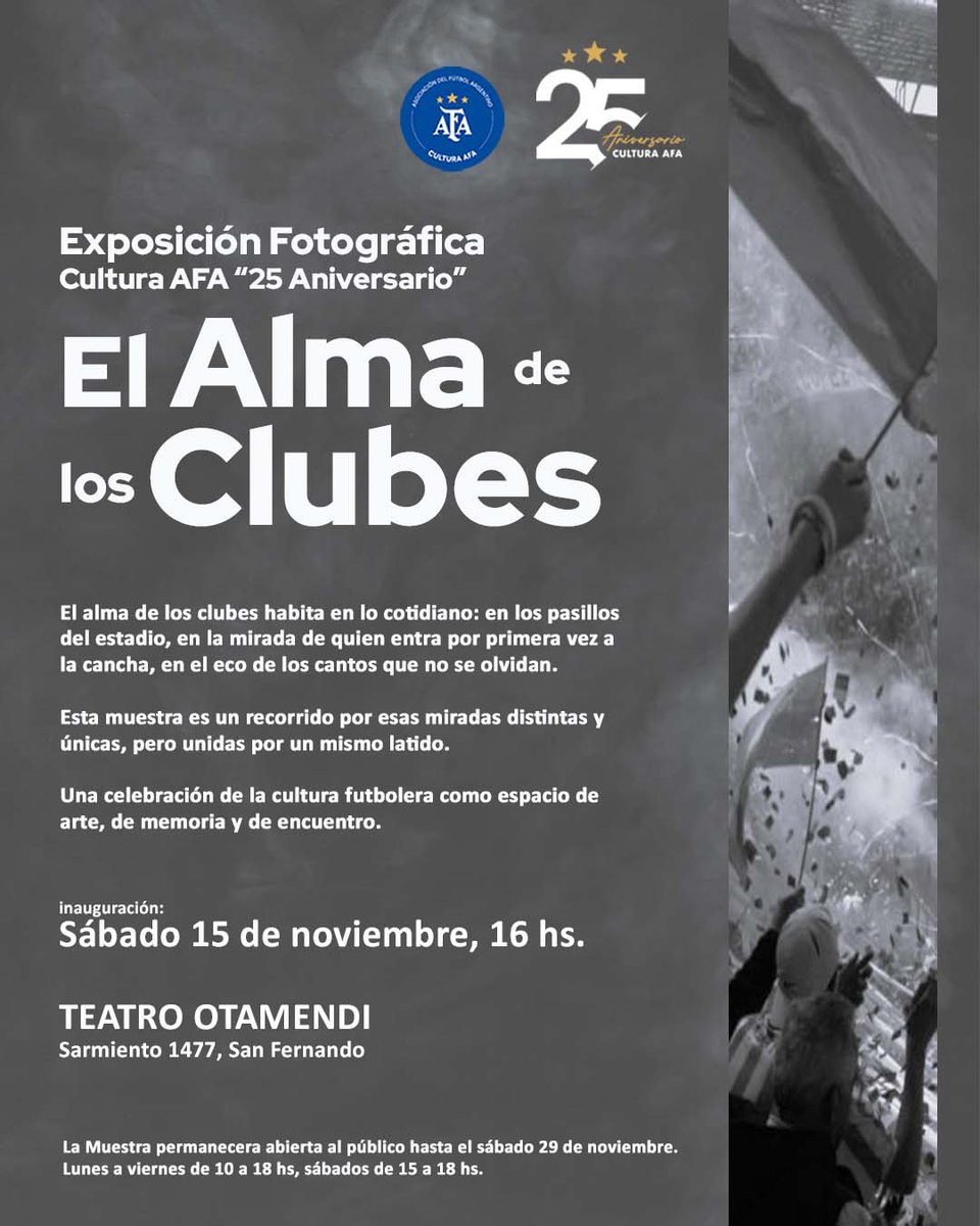 #Fotografía El próximo sábado 14 de noviembre a las 16 hs. se inaugura la Exposición Fotográfica "El Alma de los Clubes".  

La muestra, en el Teatro Otamendi, en San Fernando, permanecerá abierta hasta 29 de noviembre.

#PasiónyCultura 
#CulturaAFA
#25Aniversario